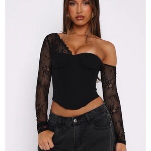 White Fox Boutique Black Lace One-Shoulder Blouse